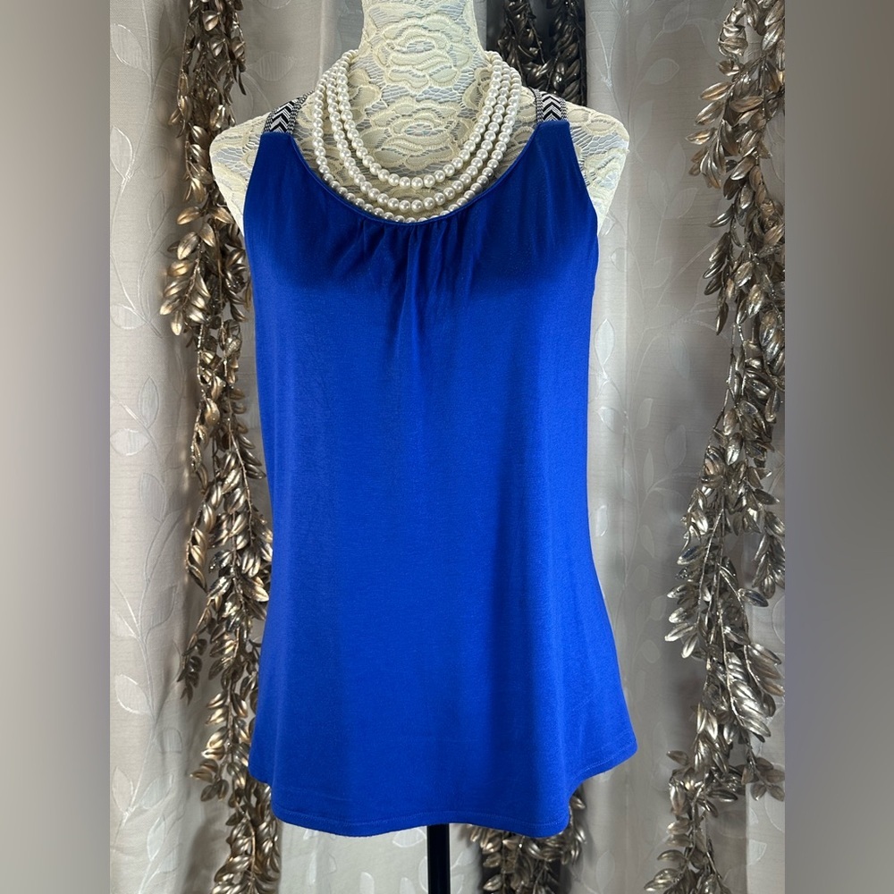 Maurices Womens Royal Blue Chevron Strap Pleated Scoop Neck Tank Top Size Small